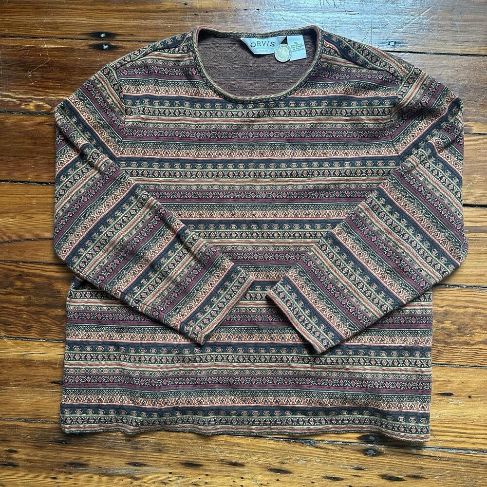Women’s Orvis XL sleeve pullover tee red, green, black, gold 100% cotton